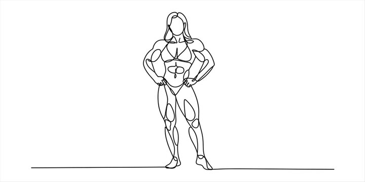 Continuous single line drawing of a strong muscular female bodybuilder posing confidently in a bikini showing her athletic physique and toned muscles
