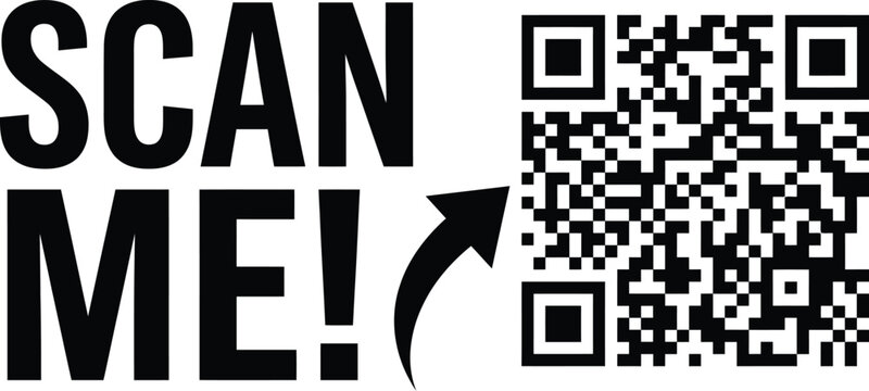 Quick response code features a bold scan me text instruction accompanied by a curved arrow pointing toward the digital data square.