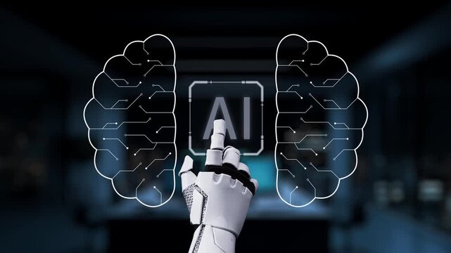 Futuristic Concept of Artificial Intelligence with Robotic Hand Interacting with Digital Brain and AI Graphics in a Modern Office Environment Synapse.