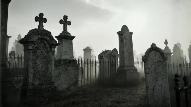 Old Gothic graveyard with light mist drifting gently between aged tombstones