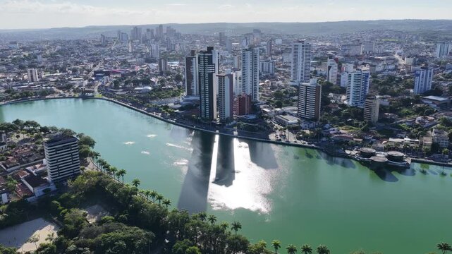 Lakefront Park In Campina Grande Paraiba Brazil. City Skyline Showing Modern And Traditional Architecture. Sunset Sky Clouds Downtown. Sunset Outside Downtown Up Above. Campina Grande Paraiba.