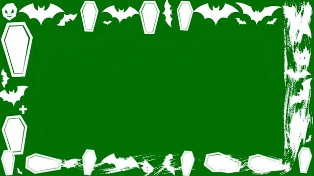 Border frame with halloween theme elements on green screen background for video overlay and digital editing projects featuring spooky bat and coffin graphic assets
