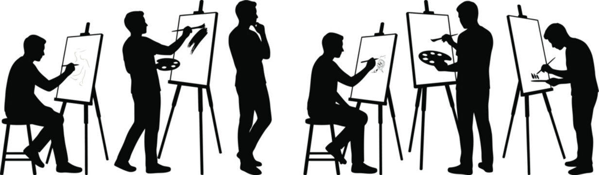Artists stand and sit at easels while painting on canvas in these detailed black silhouette character studies.