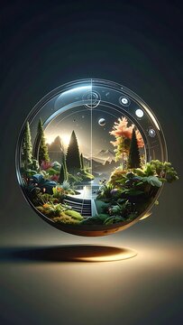 Fantasy miniature world inside glass globe.
