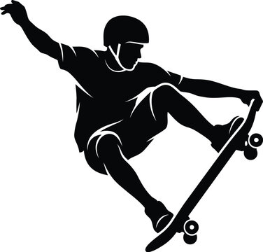 Skateboarder wearing a protective helmet executes an aerial maneuver in this minimalist black silhouette illustration.