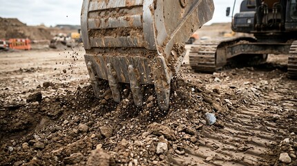 Fototapeta premium Construction Excavator Digging Soil at Construction Site.