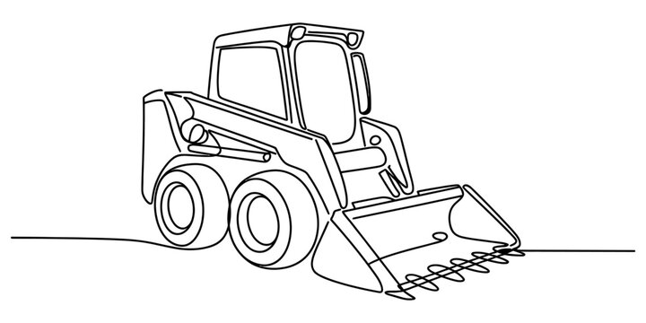 Continuous single line drawing of a skid steer loader construction vehicle