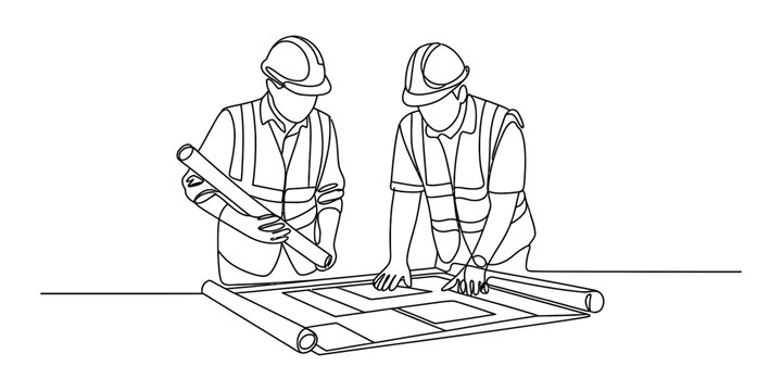 Two construction workers in hard hats looking at a blueprint plan together in a continuous line drawing style