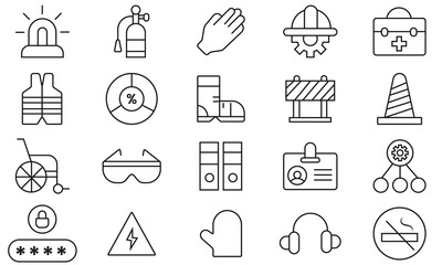 Fototapeta premium Work safety icon set. Personal protective equipment and industrial safety line icon. Line icon of first aid kit, gas mask, emergency exit, fire protection and more.