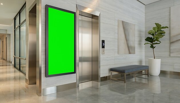 Modern office lobby with green screen display next to stainless steel elevator doors and a bench with a potted plant on a shiny floor