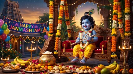 Fototapeta premium Happy Janmashtami: Baby Krishna on a Swing with Festive Treats