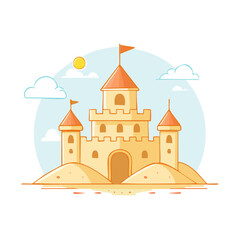 Fototapeta premium Flat illustration of a sand castle with towers and flags
