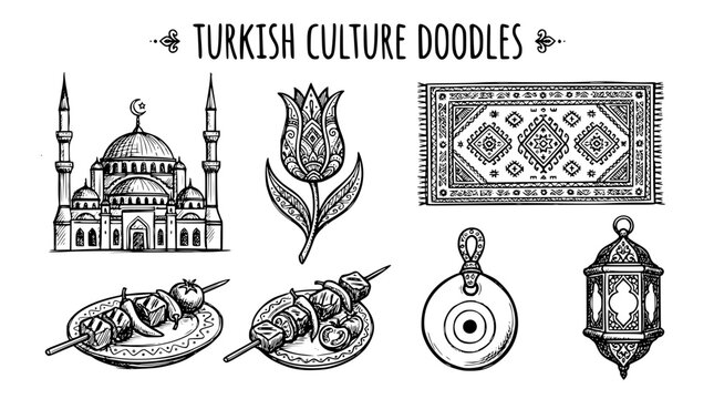 Hand drawn turkish culture elements mosque tulip carpet kebab evil eye lantern, black ink sketch vector illustration