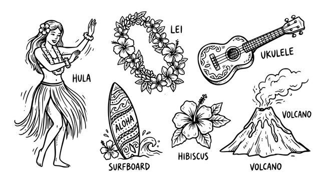 Hand drawn hawaiian culture elements hula lei surfboard hibiscus ukulele volcano, black ink sketch vector illustration