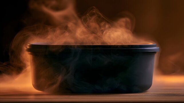 Warm meal prepa n container bathed in mystical fog and ethereal light creates a serene and inviting atmosphere
