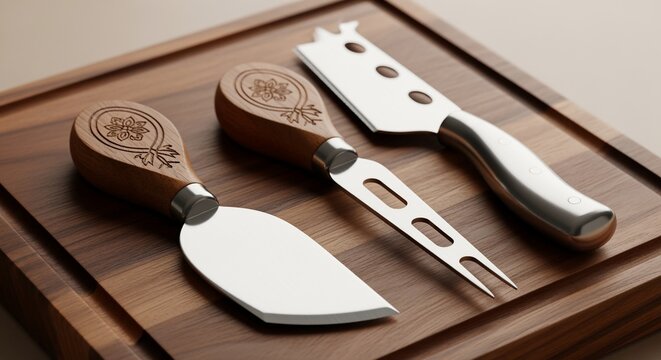 Set of three stainless steel cheese knives on a wooden cutting board.