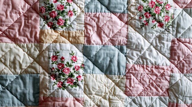 vintage quilted patchwork blanket texture with floral fabric seamless textile background