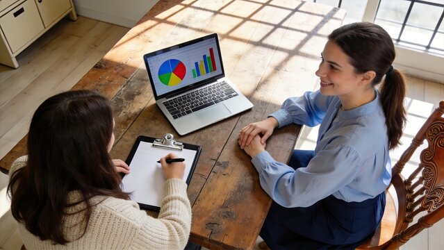 Two professional women discussing business charts and data on laptop during a consulting meeting in a bright office, corporate strategy concept.