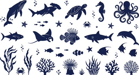 Set of dark blue sea creature silhouettes and marine wildlife vector icons featuring whale shark turtle stingray octopus seahorse and coral reef elements © MdAbusufian