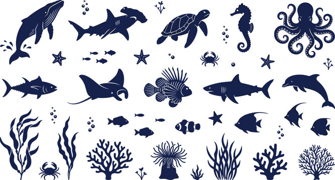 Set of dark blue sea creature silhouettes and marine wildlife vector icons featuring whale shark turtle stingray octopus seahorse and coral reef elements