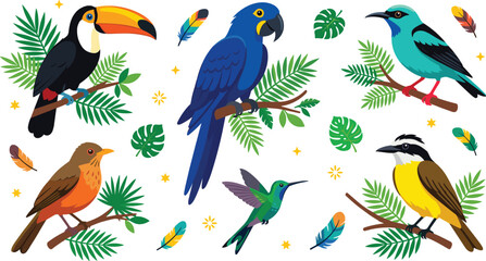 Obraz premium Tropical birds vector element set with colorful exotic parrot toucan hummingbird sitting on tree branches with green monstera leaves and loose feathers isolated on white background