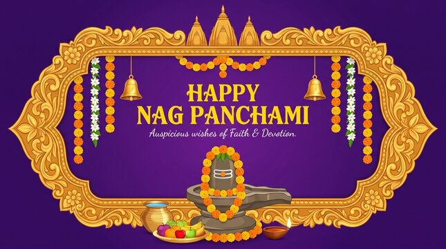 Image is a digital artwork featuring a festive layout celebrating Nag Panchami. At the center, a golden ornate frame with intricate designs encloses the text 'HAPPY NAG PANCHAMI' in bold, uppercase le