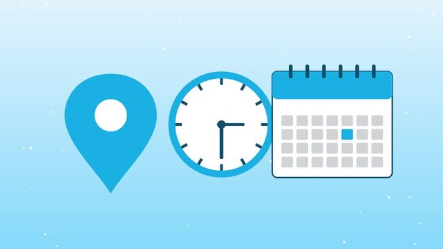 Time and location planning concept: animated map pin, clock, and calendar for business scheduling and logistics