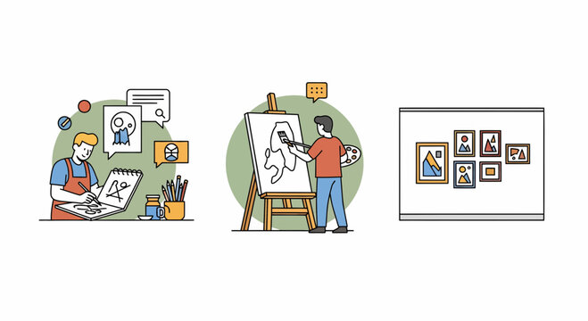 Creative artist workflow stages sketching painting on canvas and exhibiting final artwork in a gallery gallery display