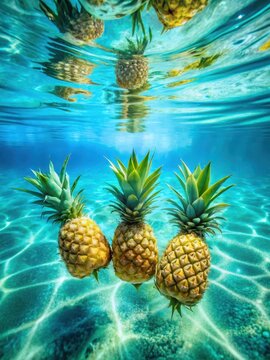 Fresh pineapple chunks submerged in a turquoise water splash