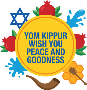 Yom kippur greeting card with blue text on a yellow circle surrounded by pomegranates a star of david water splashes a shofar horn and a honeycomb with a wooden dipper on a white background
