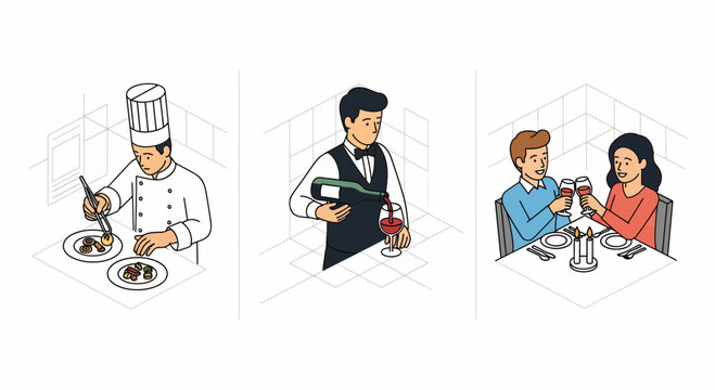 Professional chef preparing food waiter serving wine and happy couple enjoying romantic dinner at luxury restaurant
