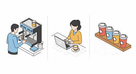 Fototapeta premium Isometric modern coffee shop culture set featuring barista making espresso woman working on laptop and colorful takeaway paper cups