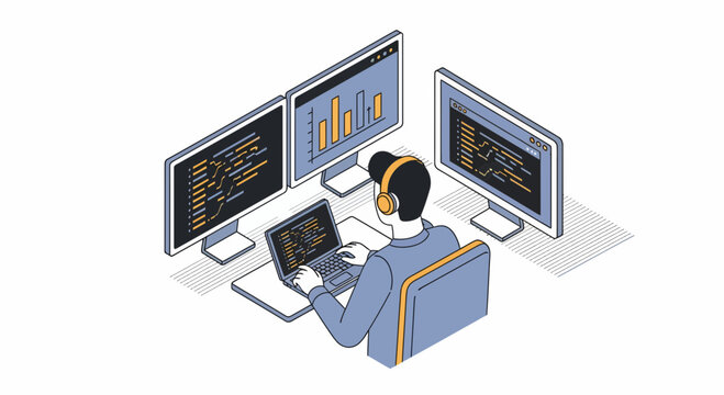 Software engineer developer coding web application screens at professional workspace desk using multiple computer monitor screens