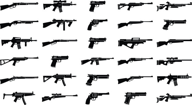 Collection of various firearm silhouettes including handguns rifles shotguns and carbine style weapons