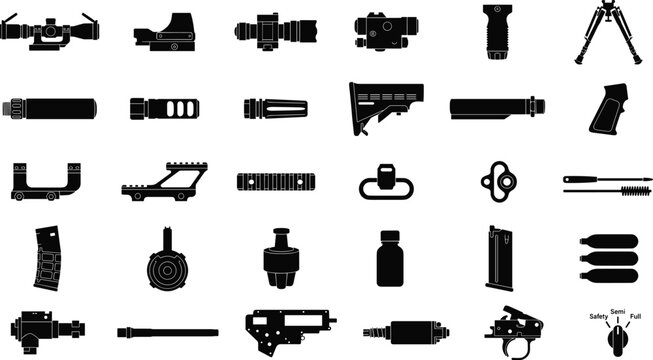 Vector icon set showing assorted firearm components gun parts optics magazines and weapon hardware