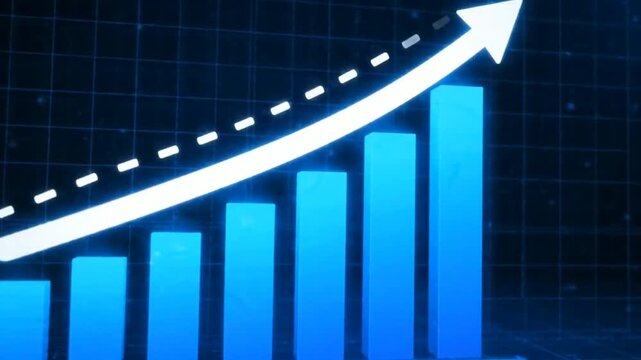 Blue Bar Graph Ascending: A dynamic blue bar graph displays a steady upward trend, with a prominent white arrow signifying growth and success against a digital grid background.