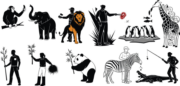 Zookeepers and Wildlife Vector Set &ndash; Stylized Illustrations of Animal Care Scenes Featuring Penguins, Pandas, Lions, and More for Zoo, Education, and Editorial Use