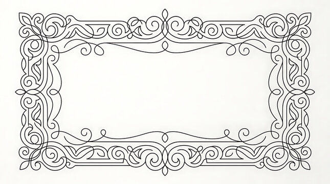 Elegant black and white line art frame with intricate scrollwork and decorative flourishes, perfect for vintage designs or borders.