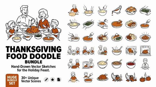 Thanksgiving food doodle bundle, hand-drawn vector sketches for holiday feast, 30 unique vector scenes of family dinner and cooking