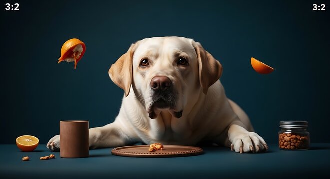 Labrador retriever dog eating food.
