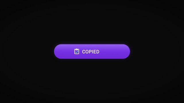 Violet copy code call to action button with hand cursor click and clipboard check confirmation on black 4K luma key overlay