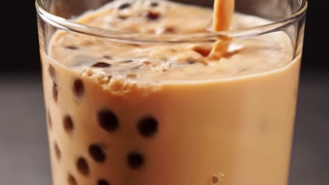 Creamy milk tea is poured over dark tapioca pearls