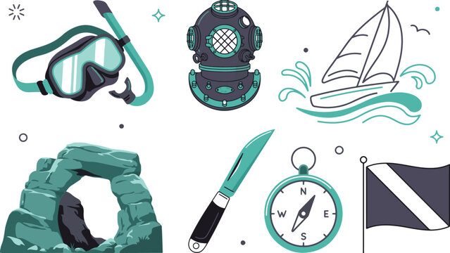 Set of nautical and diving equipment icons