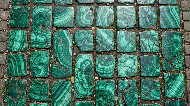 Malachite Slices Displayed on Cobblestone: A captivating arrangement of polished malachite slices, showcasing their intricate green banded patterns, laid out on a textured cobblestone surface.