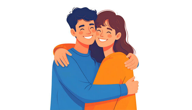 Smiling couple embraces warmly, looking joyful