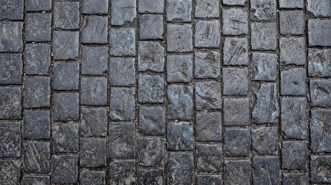 Cobblestone Texture: A close-up view of an old cobblestone pathway, showcasing the weathered texture and natural variations of the stone paving, perfect for background or architectural design.
