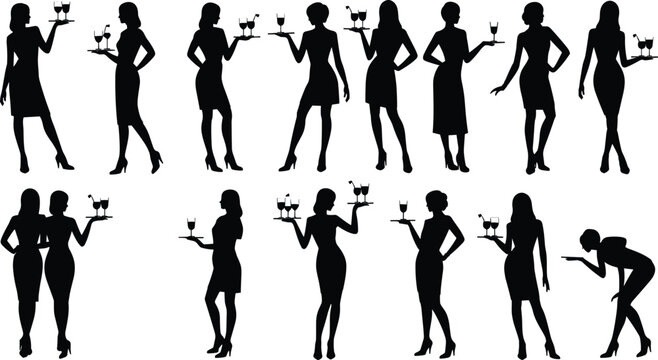 Waitress silhouette serving drinks, cocktail tray poses, women standing holding glasses, hospitality worker vector, elegant server illustration, barmaid service art