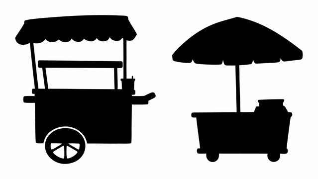 Black silhouettes of street food carts and kiosks with umbrellas and awnings