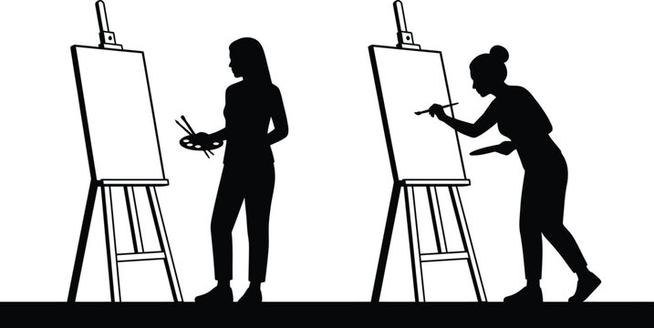 Woman paints on a canvas while another artist holds a palette in this artistic studio scene depiction.