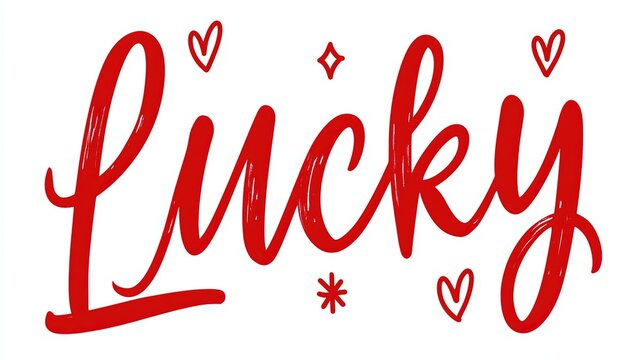 Red handwritten cursive script text lucky with big capital L, heart diamond asterisk decorative ornaments, transparent isolated backdrop for graphic design print clipart projects